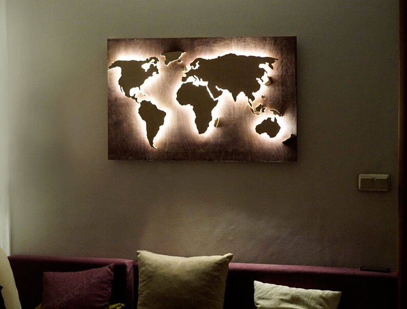 Wood World Map Wall Art Flat Earth Led As Decor And Decoration For Hanging Plug In Sconce