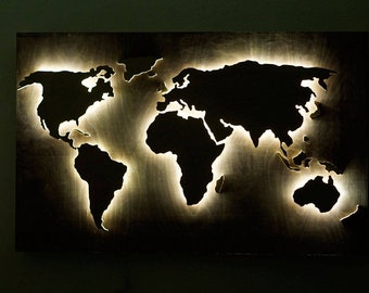 Wood World Map, ambient light decor, world in frame, Map on Wood, light up letters, art decoration for wall hanging,ambient decor