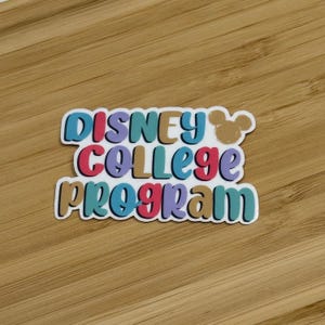 May include: A white sticker with the words "Disney College Program" in colorful, bubble letters. A brown Mickey Mouse head is above the word "Disney".