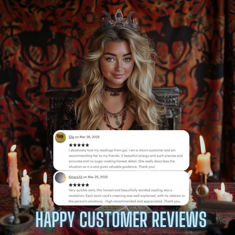 Puede incluir: Un gr&aacute;fico digital que presenta dos rese&ntilde;as de clientes de cinco estrellas sobre lecturas de tarot. El texto incluye testimonios de Ella y Kitiara33 elogiando la precisi&oacute;n y la gu&iacute;a brindada. El texto inferior dice HAPPY CUSTOMER REVIEWS.