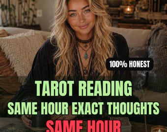 May include: A tarot reading service advertisement featuring the text 100% HONEST, TAROT READING, SAME HOUR EXACT THOUGHTS, and SAME HOUR. The image displays a person with long blonde hair wearing layered necklaces and a black top, with tarot cards.