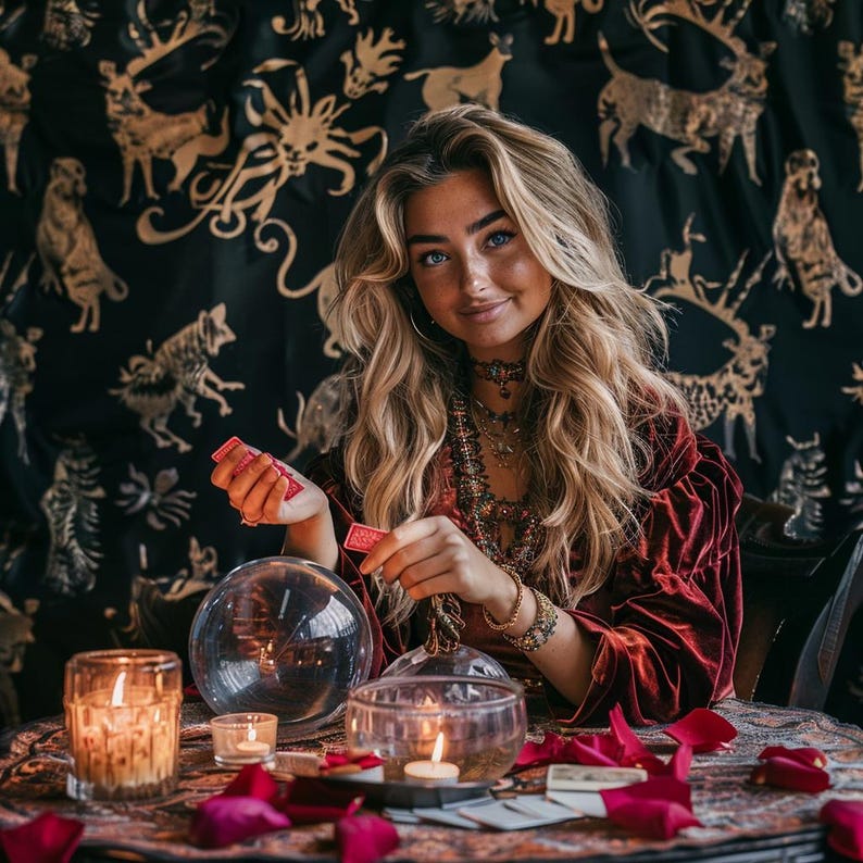 Puede incluir: Una persona de cabello rubio largo viste una prenda de terciopelo rojo oscuro y collares superpuestos, sosteniendo peque&ntilde;as tarjetas rojas. Sobre la mesa hay una bola de cristal, dos velas encendidas y p&eacute;talos de rosa rojos.
