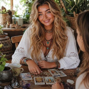 Puede incluir: Una blusa blanca de manga larga con detalles de encaje en las mangas y el escote, usada con collares superpuestos con colgantes de turquesa, m&uacute;ltiples pulseras en ambas mu&ntilde;ecas y varios anillos en los dedos mientras est&aacute; sentada a una mesa de madera.