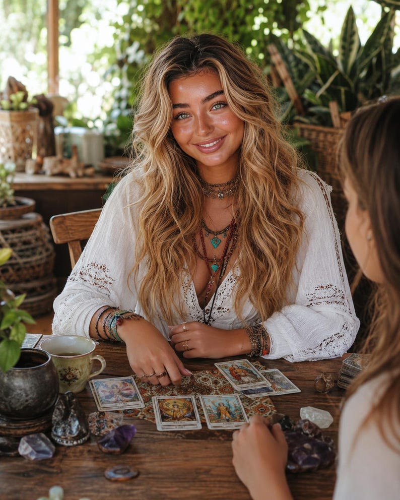 Puede incluir: Una blusa blanca de manga larga con detalles de encaje en las mangas y el escote, usada con collares superpuestos con colgantes de turquesa, m&uacute;ltiples pulseras en ambas mu&ntilde;ecas y varios anillos en los dedos mientras est&aacute; sentada a una mesa de madera.