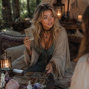Puede incluir: Una persona con un vestido verde salvia y un chal beige con flecos, adornada con collares y pulseras en capas, sostiene una carta del tarot sobre una mesa de madera cubierta con un mazo de tarot, varios cristales y un farol de metal encendido.