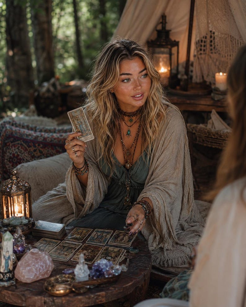 Puede incluir: Una persona con un vestido verde salvia y un chal beige con flecos, adornada con collares y pulseras en capas, sostiene una carta del tarot sobre una mesa de madera cubierta con un mazo de tarot, varios cristales y un farol de metal encendido.