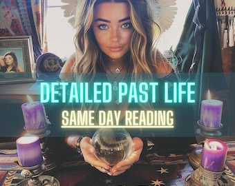 May include: A woman with long blonde hair holds a crystal ball in her hands. She is sitting at a table with candles, tarot cards, and a framed photo. The text on the image reads "DETAILED PAST LIFE SAME DAY READING".