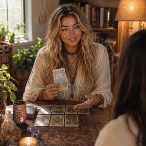 Puede incluir: Un conjunto de cartas de tarot dispuestas sobre una mesa de madera oscura, con ilustraciones intrincadas y bordes dorados. Una carta se sostiene en posici&oacute;n vertical, mostrando una figura bajo estrellas. Una vela encendida y cristales est&aacute;n cerca.