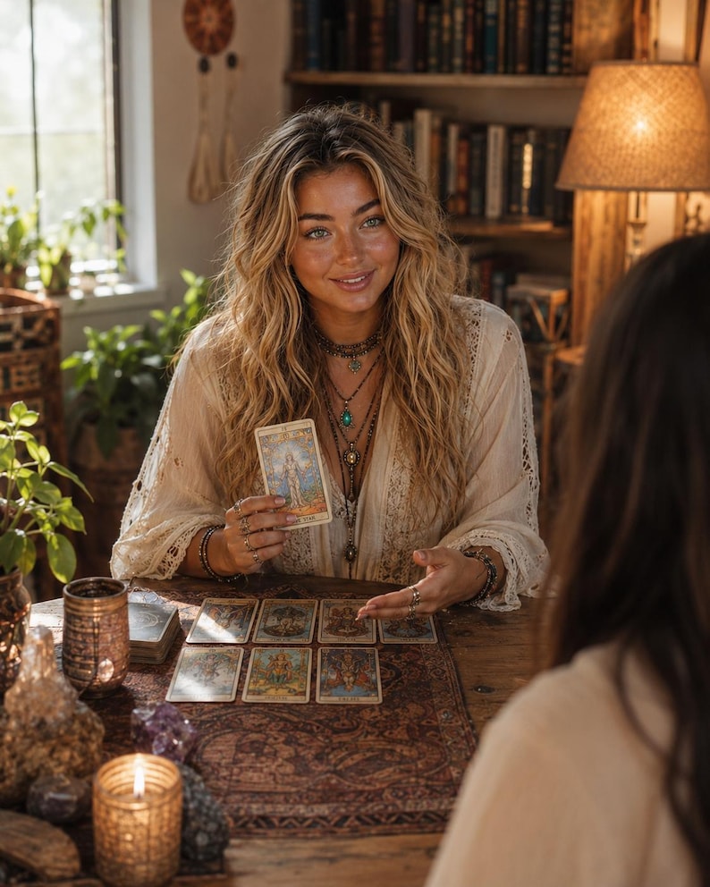 Puede incluir: Un conjunto de cartas de tarot dispuestas sobre una mesa de madera oscura, con ilustraciones intrincadas y bordes dorados. Una carta se sostiene en posici&oacute;n vertical, mostrando una figura bajo estrellas. Una vela encendida y cristales est&aacute;n cerca.