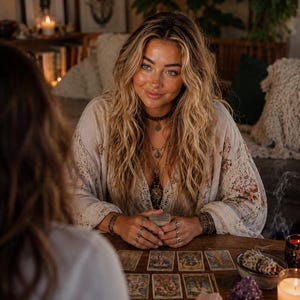 Puede incluir: Una persona con cabello rubio largo y ondulado viste una blusa beige de manga larga con detalles de encaje, collares en capas y varios anillos. La persona est&aacute; sentada a una mesa de madera con cartas del tarot, salvia, cristales y una vela encendida.