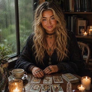 Puede incluir: Una persona con cabello rubio largo y ondulado, vistiendo una blusa de encaje negro y collares en capas, sentada ante una mesa de madera con cartas de tarot, una taza de t&eacute;, velas encendidas y varios cristales, anillos y esmalte de u&ntilde;as.