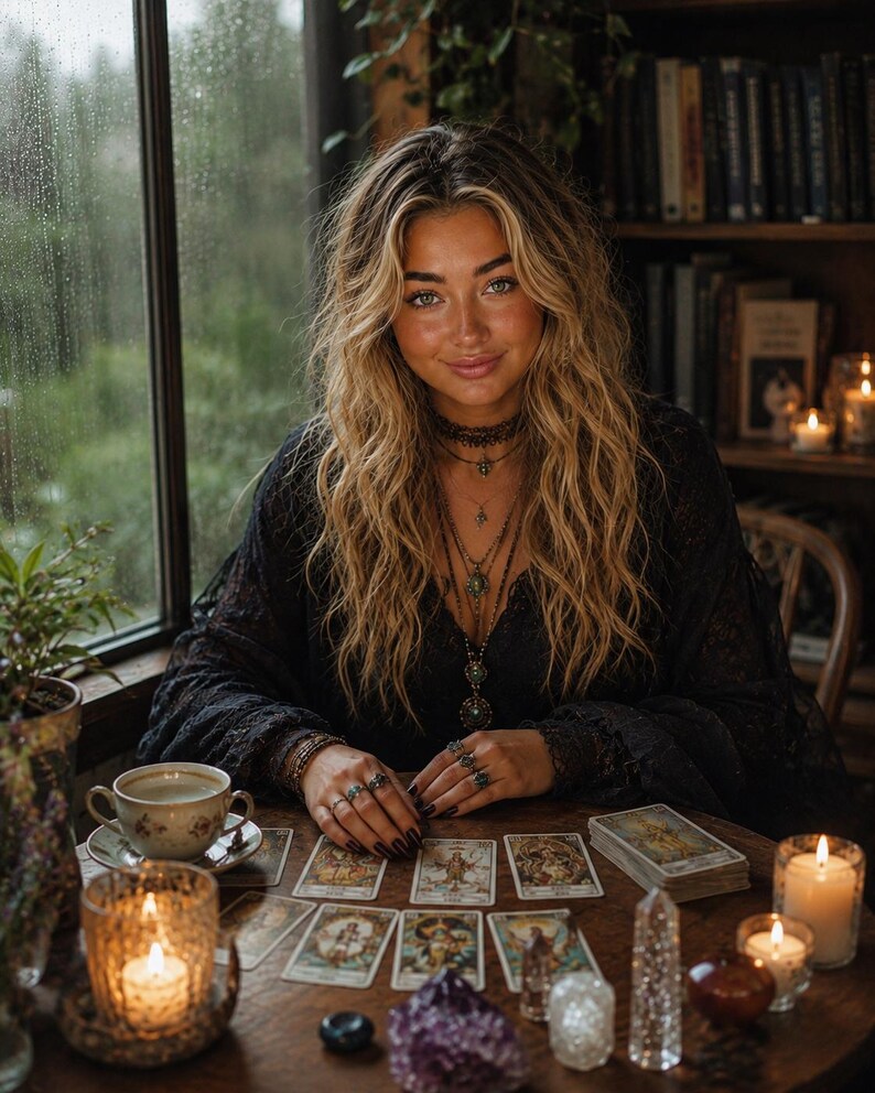 Puede incluir: Una persona con cabello rubio largo y ondulado, vistiendo una blusa de encaje negro y collares en capas, sentada ante una mesa de madera con cartas de tarot, una taza de t&eacute;, velas encendidas y varios cristales, anillos y esmalte de u&ntilde;as.
