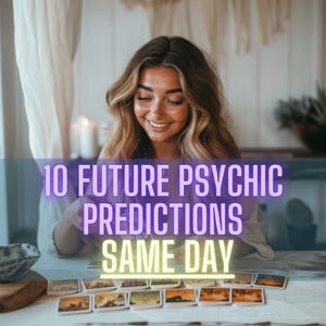 Può includere: Un set di carte dei tarocchi rettangolari disposte su un tavolo con il testo 10 FUTURE PSYCHIC PREDICTIONS SAME DAY sovrapposto in viola e giallo. Le carte presentano varie illustrazioni e sono disposte in file per una lettura.