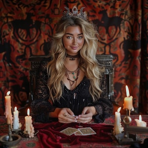 K&ouml;nnte beinhalten: Eine Frau in einem schwarzen Spitzenkleid und einer silbernen Krone sitzt an einem Tisch mit Kerzen und Tarotkarten. Sie tr&auml;gt mehrere Halsketten, darunter ein silbernes Halsband und eine lange Kette mit einem gr&uuml;nen Steinanh&auml;nger.