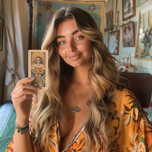 K&ouml;nnte beinhalten: Eine Frau mit langen blonden Haaren h&auml;lt eine Tarotkarte mit einer Frau in einem blauen Kleid und einer Krone. Die Karte hei&szlig;t "Die Kaiserin". Die Frau tr&auml;gt ein gelbes und orangefarbenes, gemustertes Hemd mit Blumen und eine goldene Halskette mit einem Anh&auml;nger.