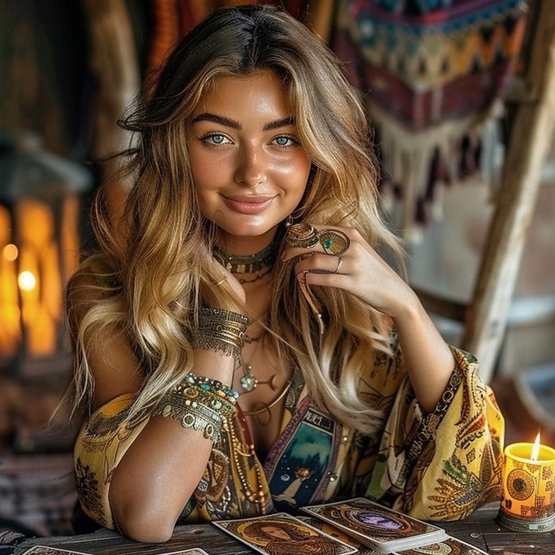 K&ouml;nnte beinhalten: Eine Frau mit langen blonden Haaren tr&auml;gt ein gelbes und goldenes gemustertes Hemd mit einer Vielzahl von Armb&auml;ndern und Ringen. Sie sitzt an einem Tisch mit einer brennenden Kerze und einem Satz Tarotkarten.