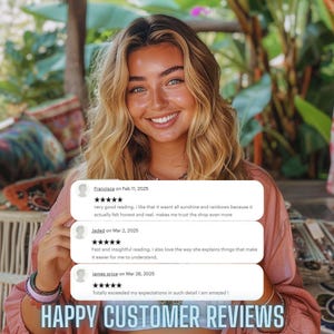 Puede incluir: Una pantalla gr&aacute;fica que presenta tres rese&ntilde;as de clientes de cinco estrellas con texto de Francisca, Jaded y James Price, superpuesta sobre una persona con cabello rubio que viste una blusa rosa. El texto en la parte inferior dice HAPPY CUSTOMER REVIEWS.