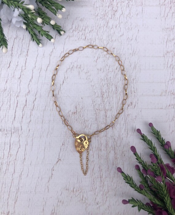 Vintage Gold Heart Padlock Bracelet with Safety Ch