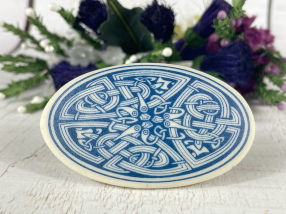 Vintage Blue and White Porcelain Brooch. Celtic Knot Brooch