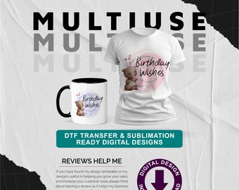 Multiuse Birthday Bear Duo Digital Design in Blue & Pink -  Sublimation /  DTF Transfer Ready - Commercial Use