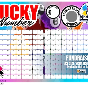 May include: A Lucky Number fundraising scratch card featuring a grid of numbers from 1 to 200, a scratch-to-reveal winner circle, and a price per guess area. The design includes colourful billiard balls, the pjbdesign logo, and text stating A3 size.