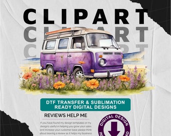 Purple Campervan with Wild Flower Meadow v3 - Camping Themed, Mothers or Fathers Day Transparent PNG - Commercial Use