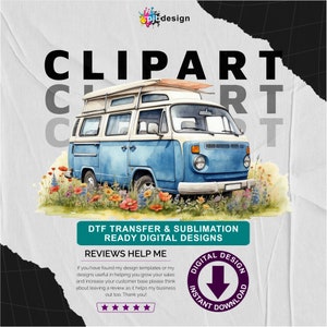 Blue Campervan with Wild Flower Meadow v9 Camping Themed, Mothers or Fathers Day Transparent PNG Commercial Use image 1