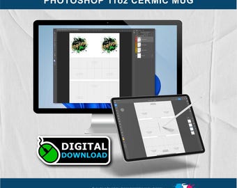Modelo para caneca A4: Sublimação em cerâmica de 325ml, arquivo PSD para Photoshop (Guia em PDF incluído)