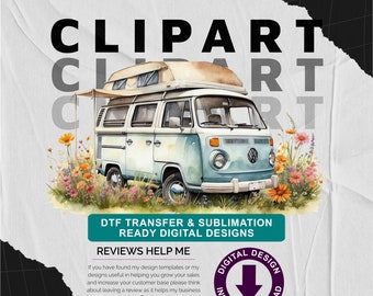 Blue Campervan with Wild Flower Meadow v11 - Camping Themed, Mothers or Fathers Day Transparent PNG - Commercial Use