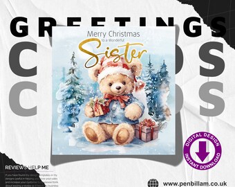 Cute Christmas Card for A Wonderful Sister / Cute Bear & Gold Text Design Festive Greetings Card / Commercial Use