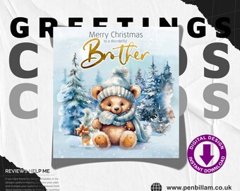 Cute Christmas Card for Brothers / Cute Bear with Scarfe & Gold Text Design Festive Greetings Card / Commercial Use