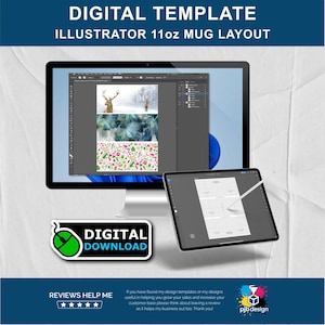 Adobe Illustrator Mug Design Layout Template  - Perfect Layout Tool For Printing Sublimation Mug Designs - 11oz Ceramic Mug Design Template