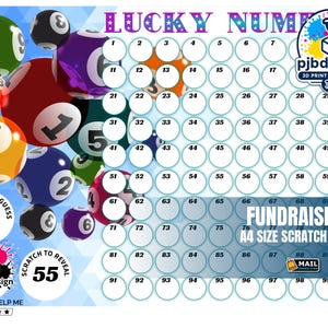 May include: An A4 size fundraising scratch card featuring a grid of numbers from 1 to 100, colourful lottery balls on the left, and the text LUCKY NUMBERS, AMOUNT PER GUESS, SCRATCH TO REVEAL 55, and pjbdesign 3D PRINT ON DEMAND logos.