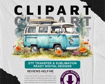 Turquiose Campervan with Wild Flower Meadow v1 - Camping Themed, Mothers or Fathers Day Transparent PNG - Commercial Use