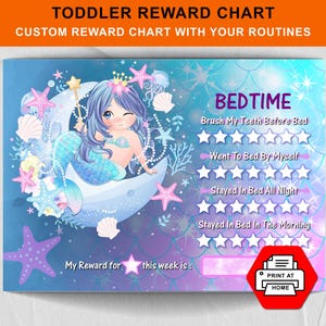 Tabella delle ricompense per la buonanotte Design della sirena / Stampa a casa / Spazio per nome e attività aggiuntive e aggiungi le tue ricompense / Uso personale