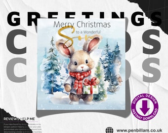 Cute Christmas Card for Son / Cute Bunny with Scarfe & Gold Text Design Festive Greetings Card / Commercial Use