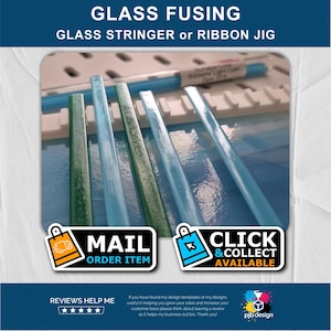 May include: Glass fusing supplies, including glass stringers and a ribbon jig. The image shows several glass stringers in shades of green and blue, along with the text "GLASS FUSING" and "GLASS STRINGER or RIBBON JIG".