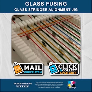 May include: A glass stringer alignment jig for glass fusing. The jig features white, rectangular blocks with grooves, holding colorful glass stringers in place. The text "GLASS FUSING" and "GLASS STRINGER ALIGNMENT JIG" are at the top.