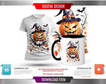 Halloween Jack-O-Lantern Spooky Textless Multi Use Digital Design - Sublimation / Transfer Ready Halloween PNG with Commercial Use