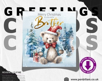 Cute Christmas Card for A Special Brother / Cute Bear with Scarfe & Gold Text Design Festive Greetings Card / Commercial Use