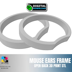 May include: A light grey 3D print STL file featuring a mouse ears frame with an open back design. The image includes a digital download icon, the text MOUSE EARS FRAME OPEN BACK 3D PRINT STL, and a pjb design logo with five stars.