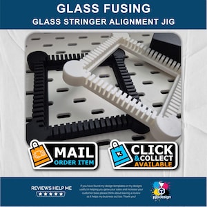 May include: Black and white glass stringer alignment jigs are displayed on a white perforated surface. The text "GLASS FUSING GLASS STRINGER ALIGNMENT JIG" is at the top. The image also includes the text "MAIL ORDER ITEM" and "CLICK & COLLECT AVAILABLE".