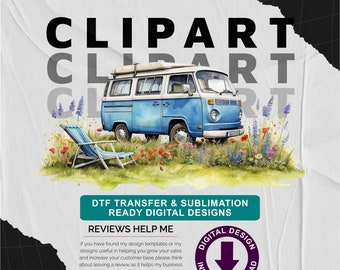 Blue Campervan with Wild Flower Meadow v8 - Camping Themed, Mothers or Fathers Day Transparent PNG - Commercial Use