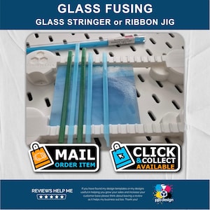 May include: A white glass fusing jig with various glass stringers and ribbons in shades of green and blue. The text "GLASS FUSING" and "GLASS STRINGER or RIBBON JIG" are at the top. The image also includes the text "MAIL ORDER ITEM" and "CLICK & COLLECT AVAILABLE".