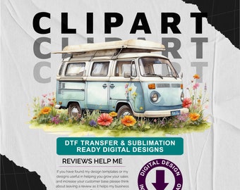 Blue Campervan with Wild Flower Meadow v12 - Camping Themed, Mothers or Fathers Day Transparent PNG - Commercial Use