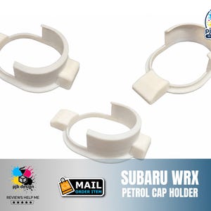 May include: Three white plastic Subaru WRX petrol cap holders with a circular design and two protruding tabs. The image includes the pjbdesign logo, a mail order item icon, and the text Subaru WRX petrol cap holder in the bottom right corner.