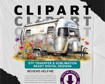 Airstream Campervan with Wild Flower Meadow v3 - Camping Themed, Mothers or Fathers Day Transparent PNG - Commercial Use