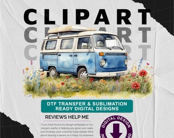 Blue Campervan with Wild Flower Meadow v6 - Camping Themed, Mothers or Fathers Day Transparent PNG - Commercial Use