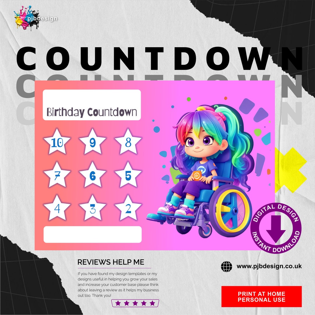 Birthday Countdown Chart Girl With Wheelchair / Print at Home / Space ...