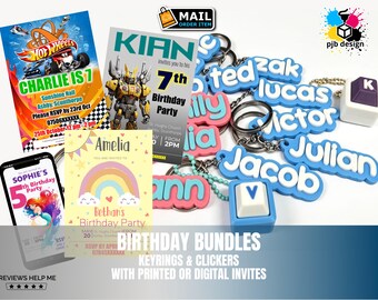 Birthday Invitations & Keyring Bundle - Printed Invites or Digital Phone Delivery for Whatsapp